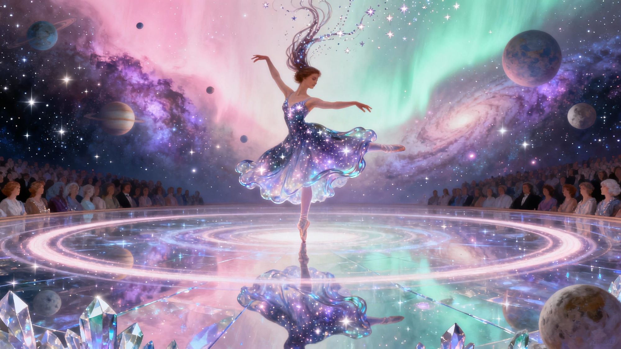 An ethereal dancer performs in a vast cosmic ballroom where stars and nebulae form the audience. She wears a flowing gown that transforms fr...