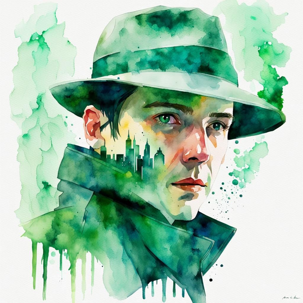 Verdant Detective Watercolor 16k Resolution 🕵️🥸 double exposure Robert Farkas. Anja Millen  by @GreenNails 