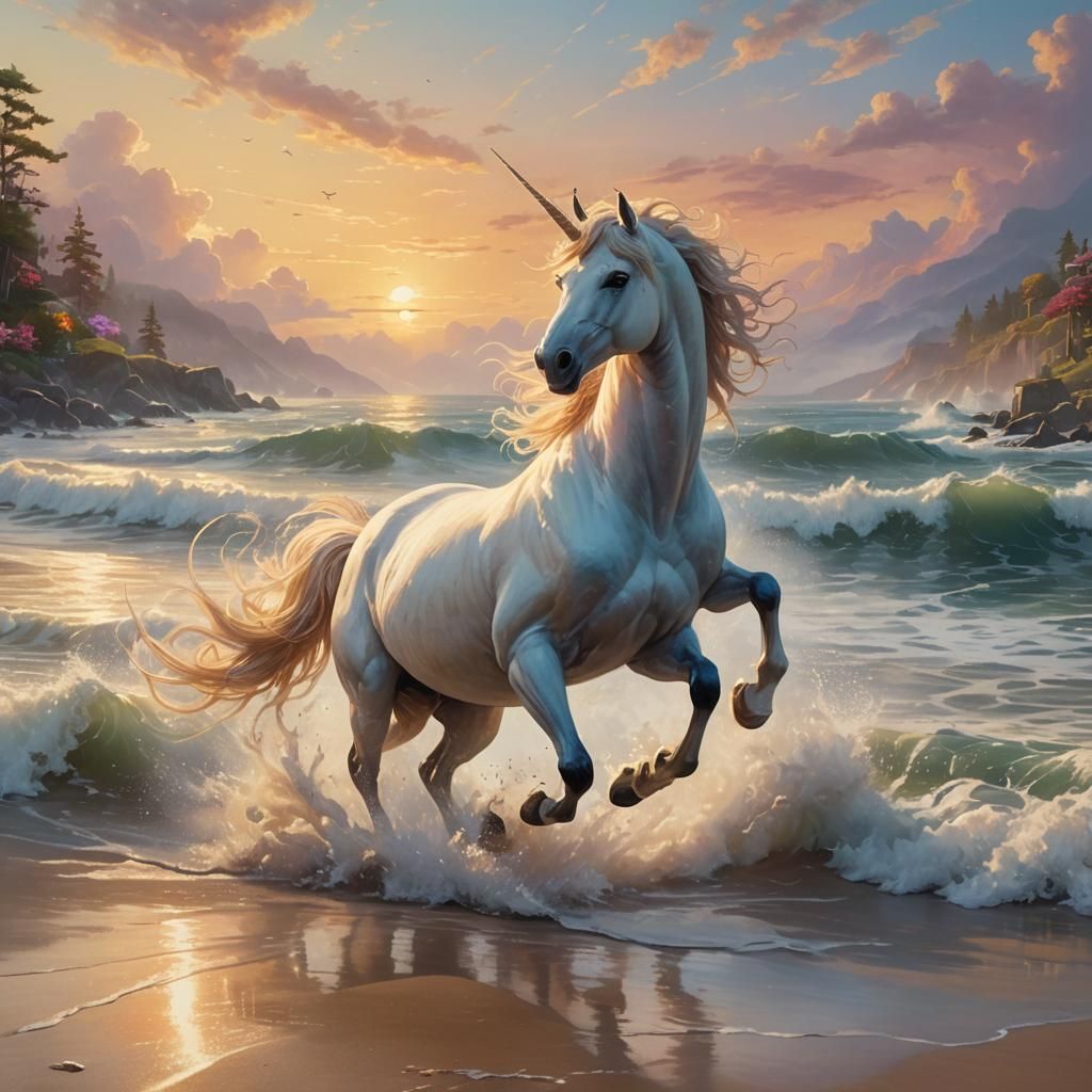 Unicorn Galloping on Misty Seashore at Sunset