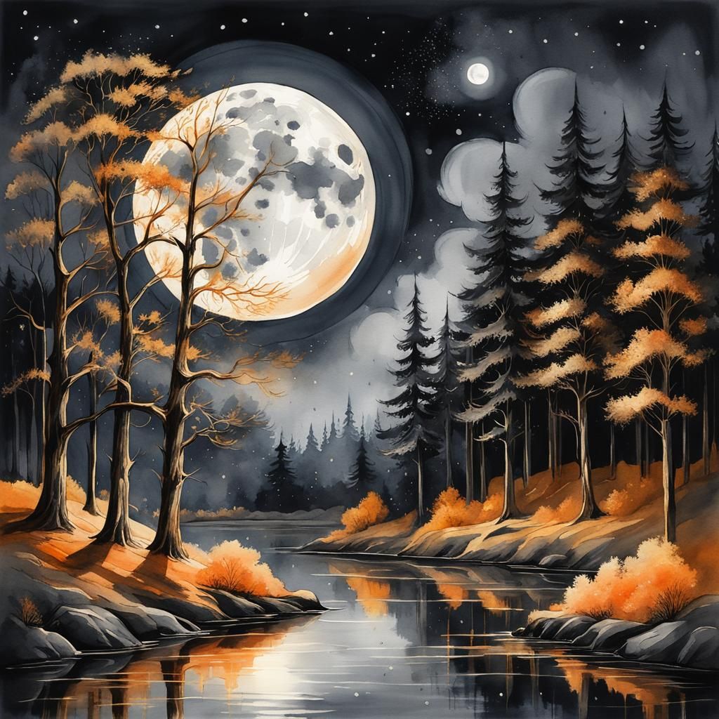 Watercolor art, moon over night scene and trees  by @EllaMoonDesign