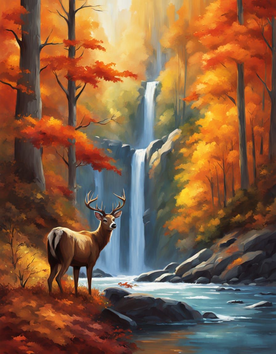 vibrant oil painting. a tall waterfall in an autumn forest, colorful trees, a deer among the trees, concept art