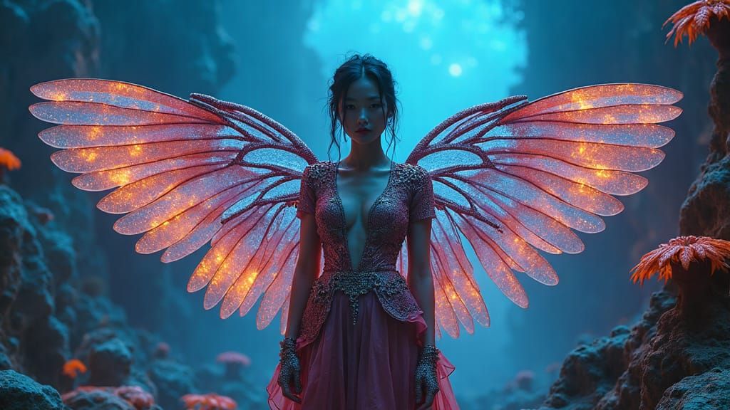 A striking fashion advertisement featuring an Asian model with large, iridescent wings, adorned in avant-garde, haute couture attire inspire...