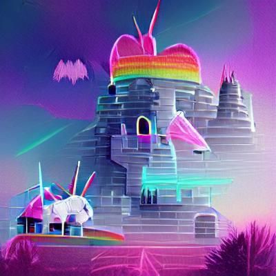 Rainbow castle with a unicorn and butterflies