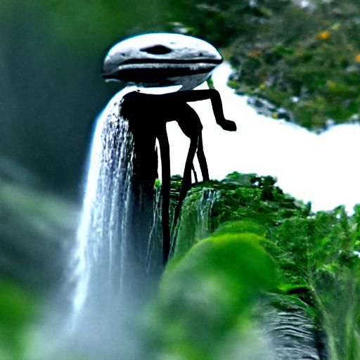 alien wondering about waterfall