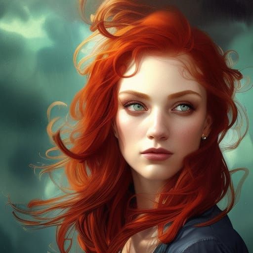 beautiful movie star with lovely big green eyes and red hair in the wind  taking a selfie - AI Generated Artwork - NightCafe Creator