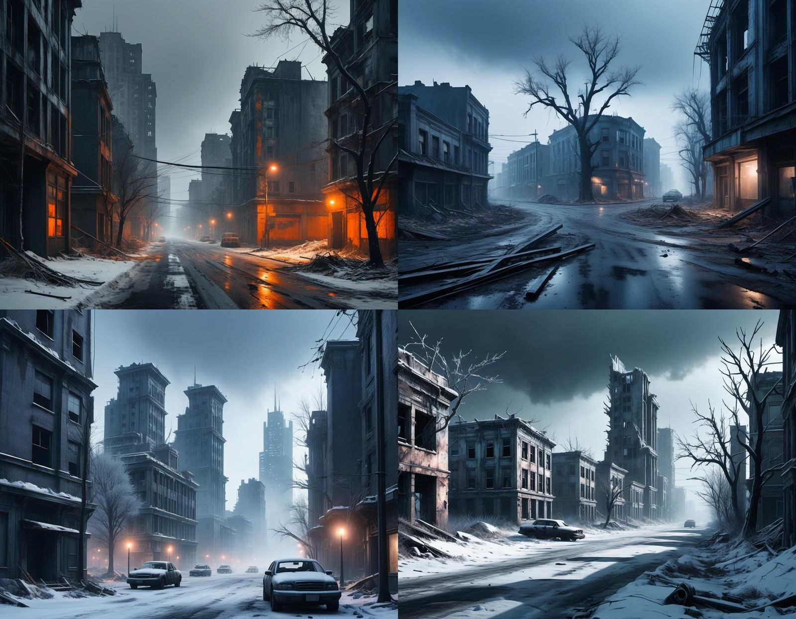 a snow-covered ruined city, completely deserted , streets littered with the remnants of a once-thriving metropolis. a bl...