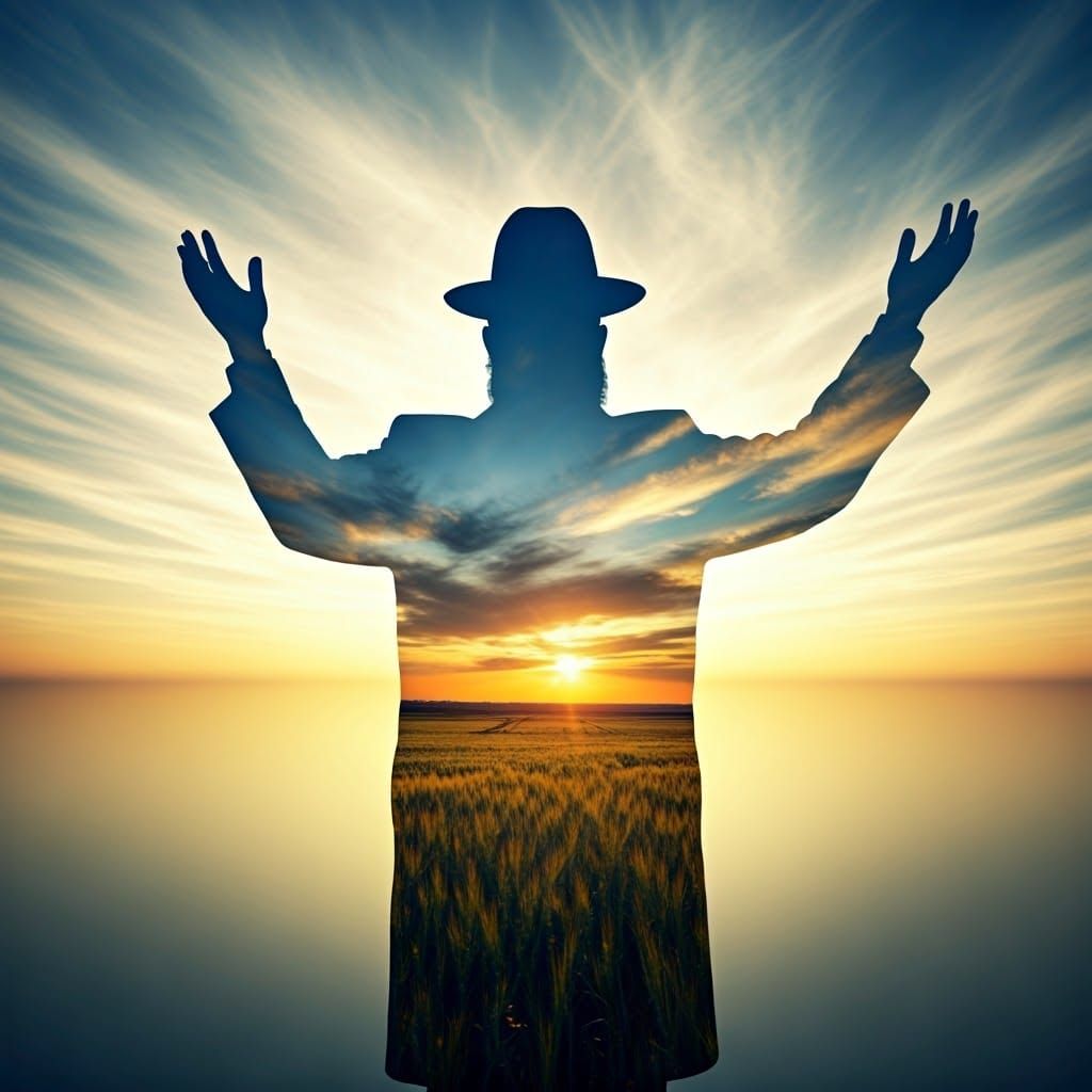 Rabbinic Figure Radiates Joy Amidst Sunrise Landscape