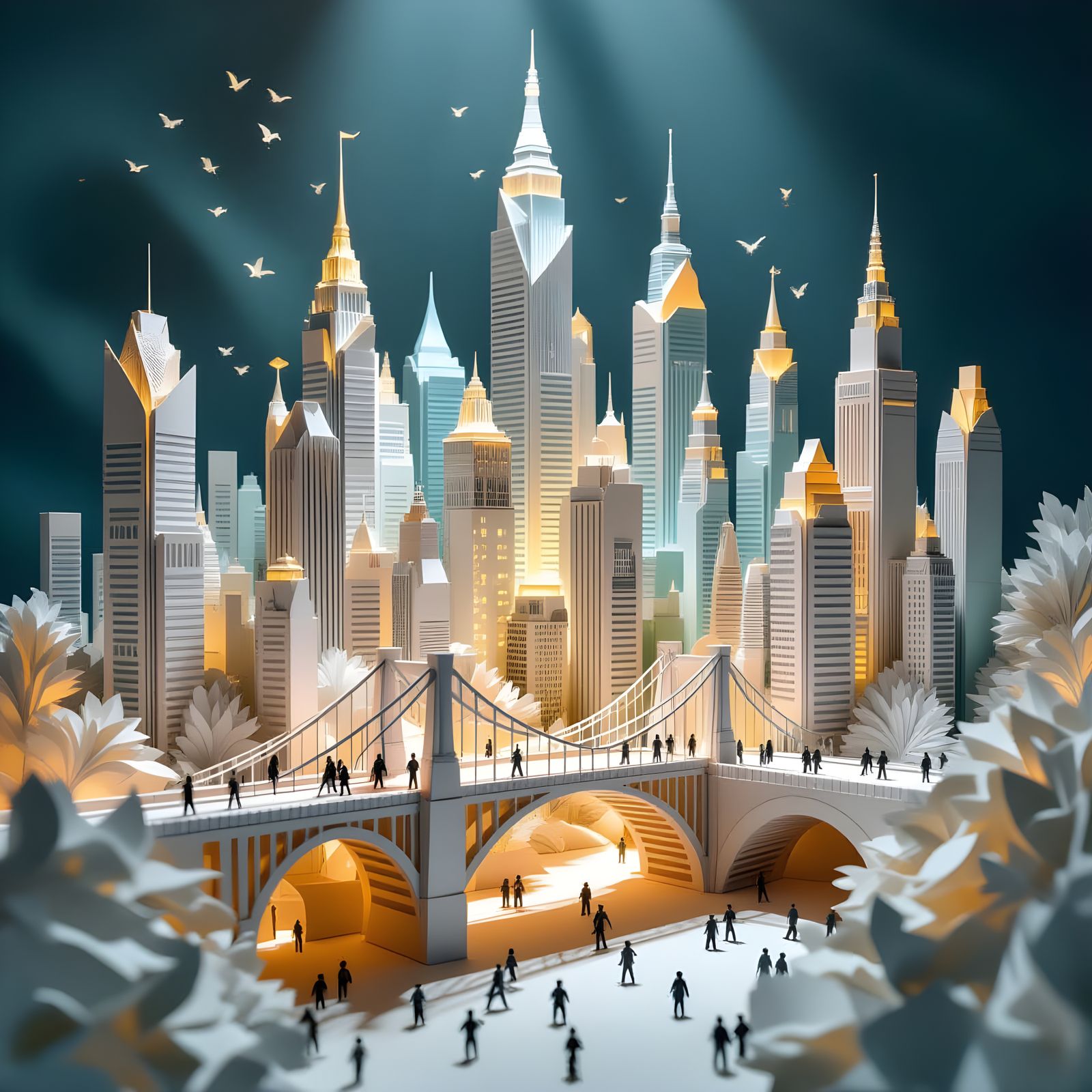 A fantastical cityscape constructed entirely from intricately folded and layered paper. Skyscrapers are ...  by @Christopher hudson 