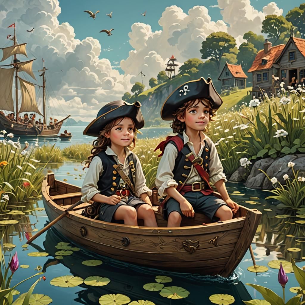 Pirate kids in training on small boat.