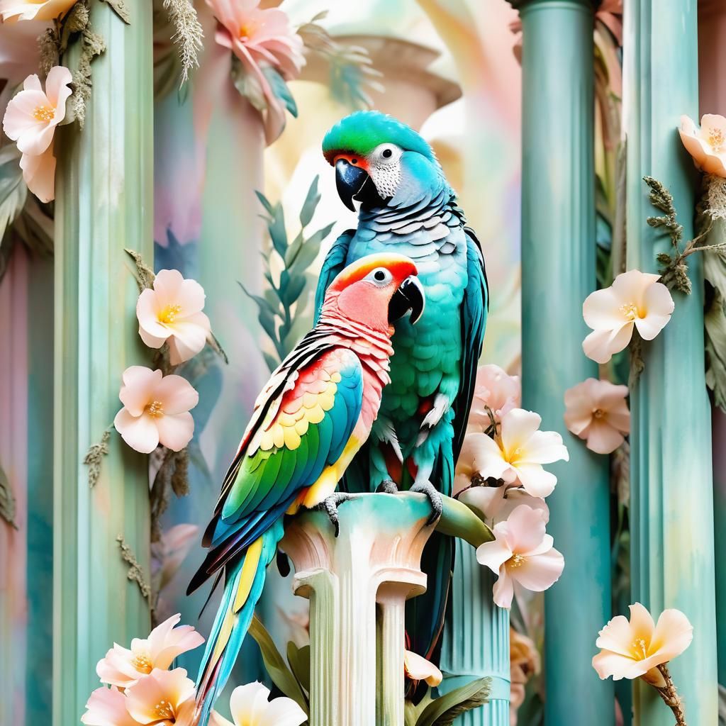 A pastel-colored parrot in the style of floral surrealism, r...