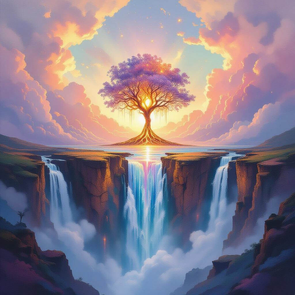 Floating Landscape with Luminous Tree in Surreal Style