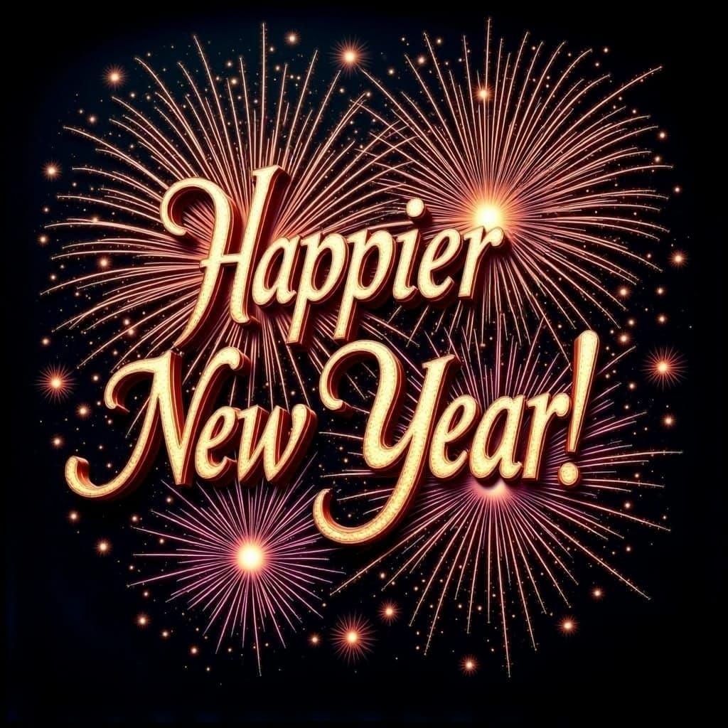 The words "Happier New Year!" written in elegant font, diagonally across image of fireworks <lora:Words:1.0> 