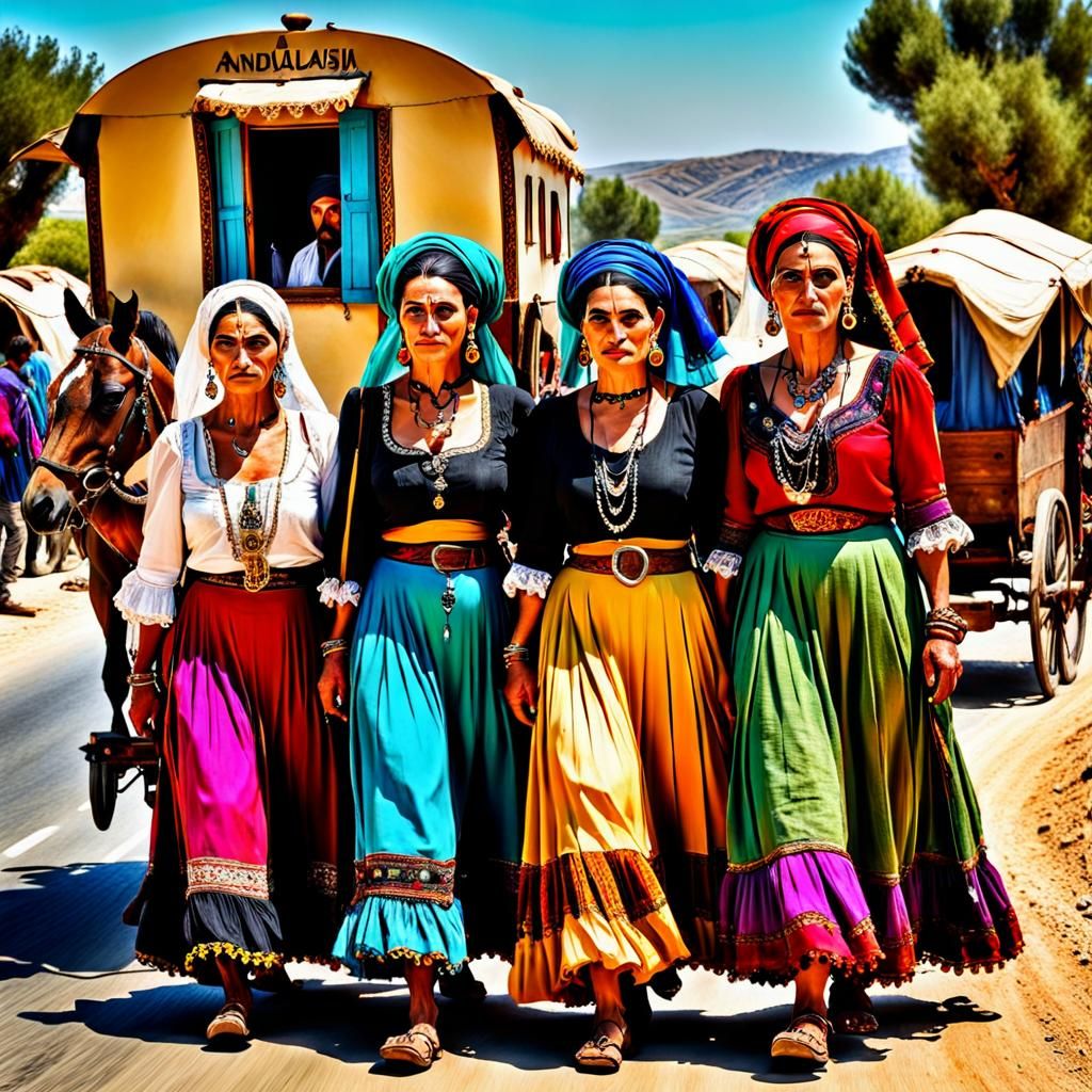 Caravan of Gypsies in traditional clothing traveling in the ...