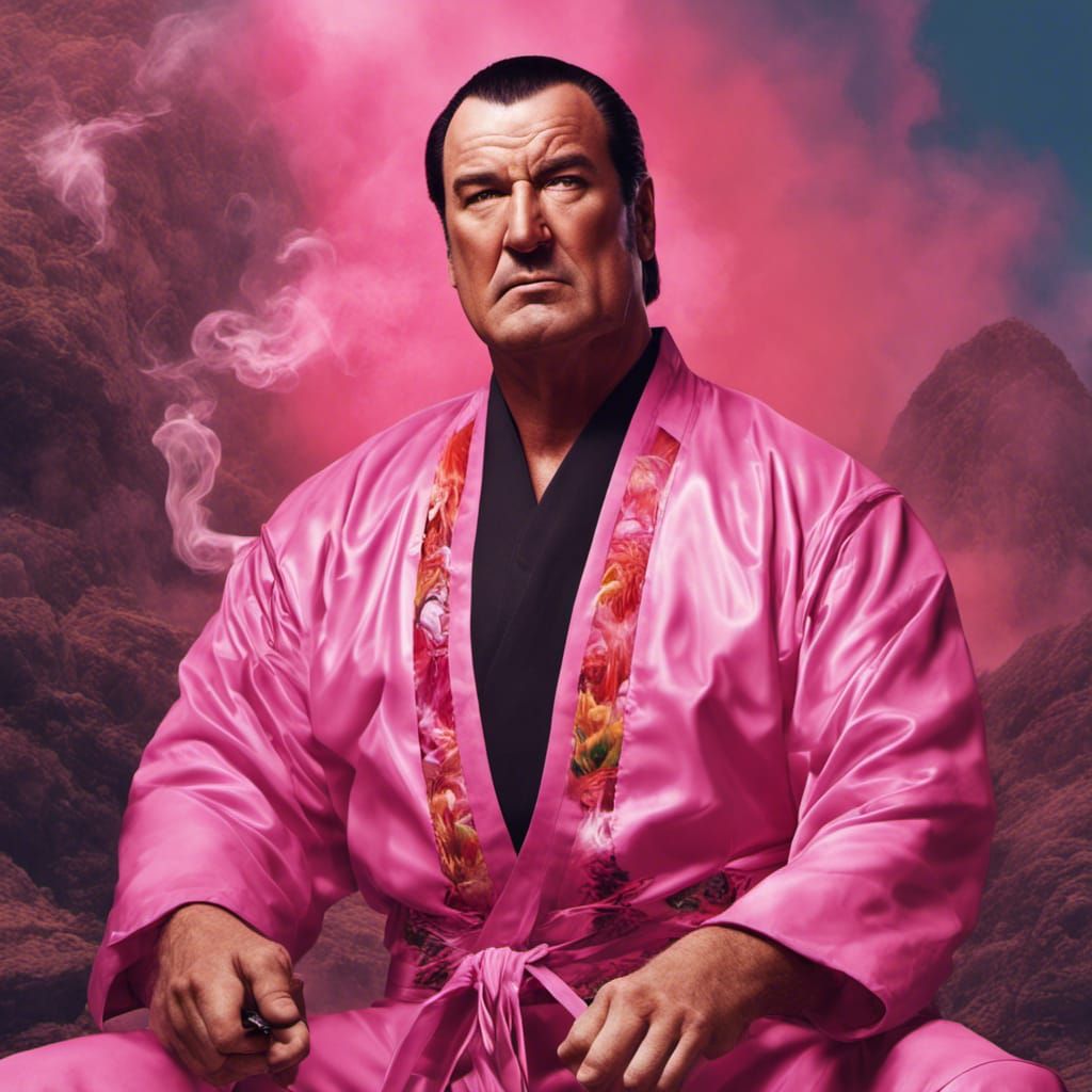 Steven seagal wearing a pink karate clothes is smoking a big cigar ...