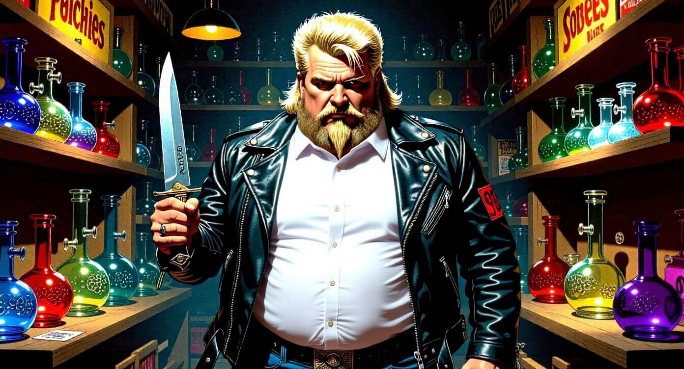 A realistic fat white man with a mullet and goatee with moustache in a dimly lit head shop takes a Bowie knife and attacks the two people in...