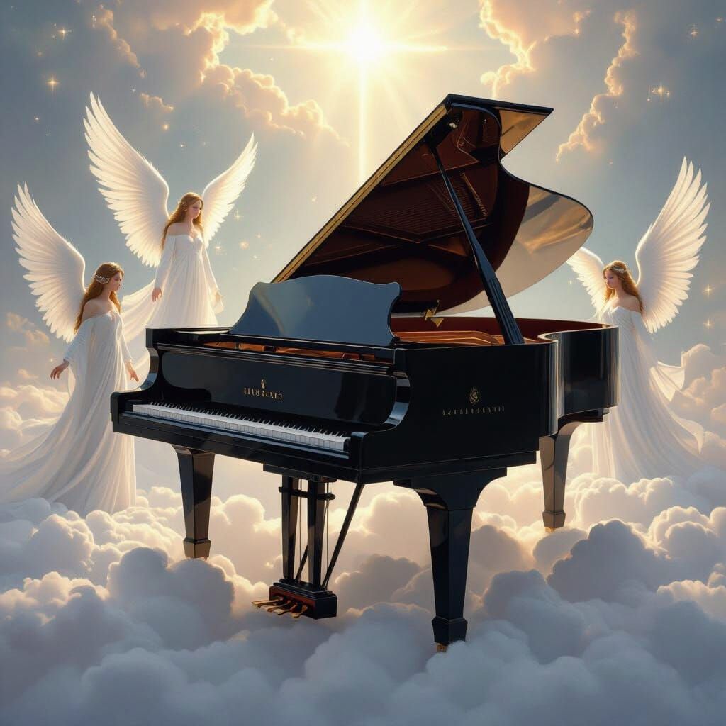 Grand Piano on Cloud in Angelic Heavenly Landscape