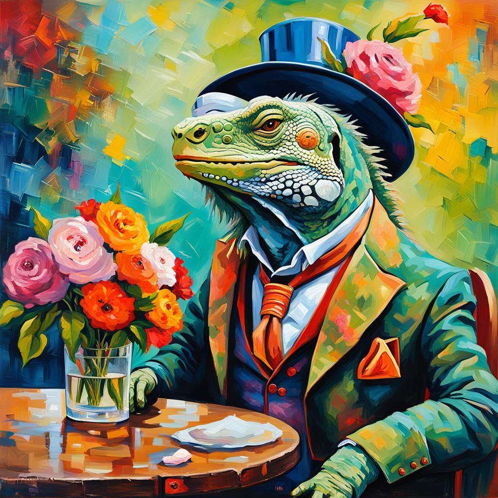 Vibrant Ethereal Collage style, an iguanas wearing dresses i...