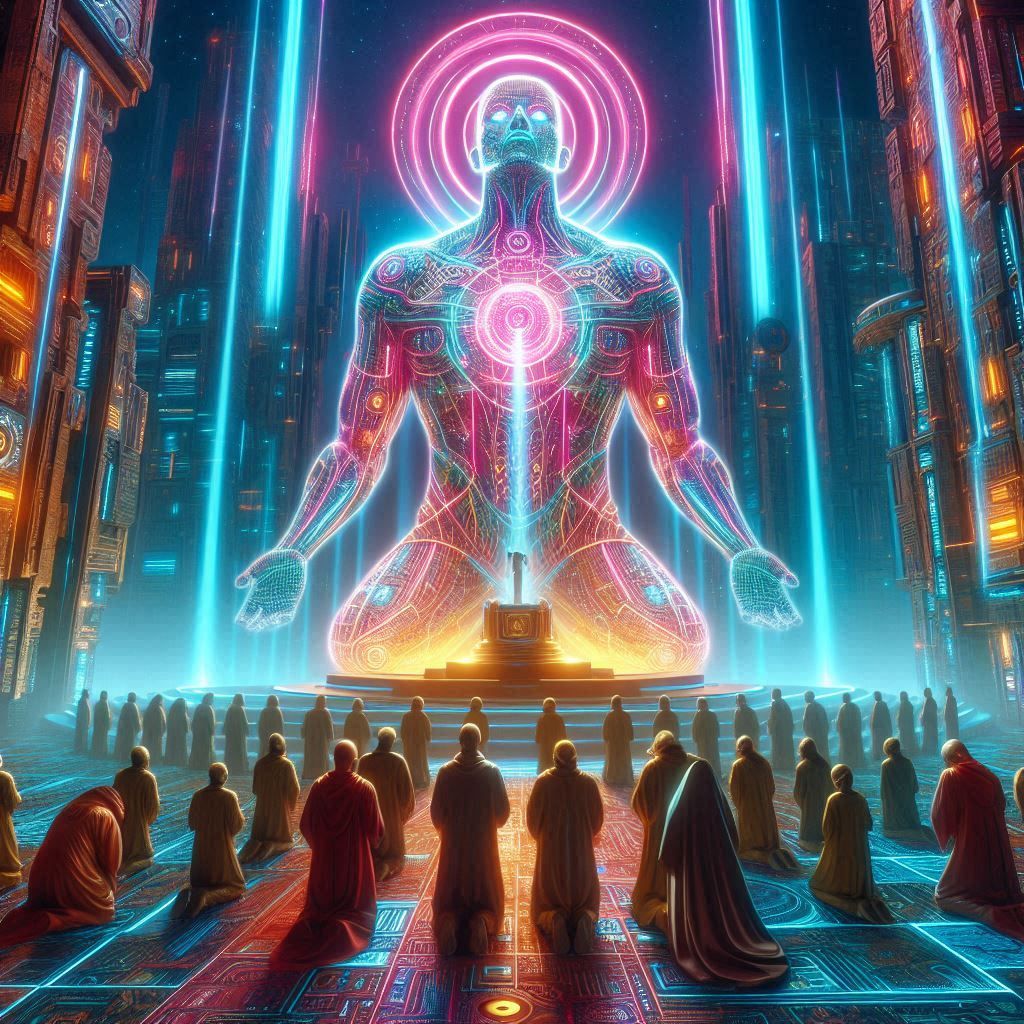 People bowed and prayed to the neon god they made