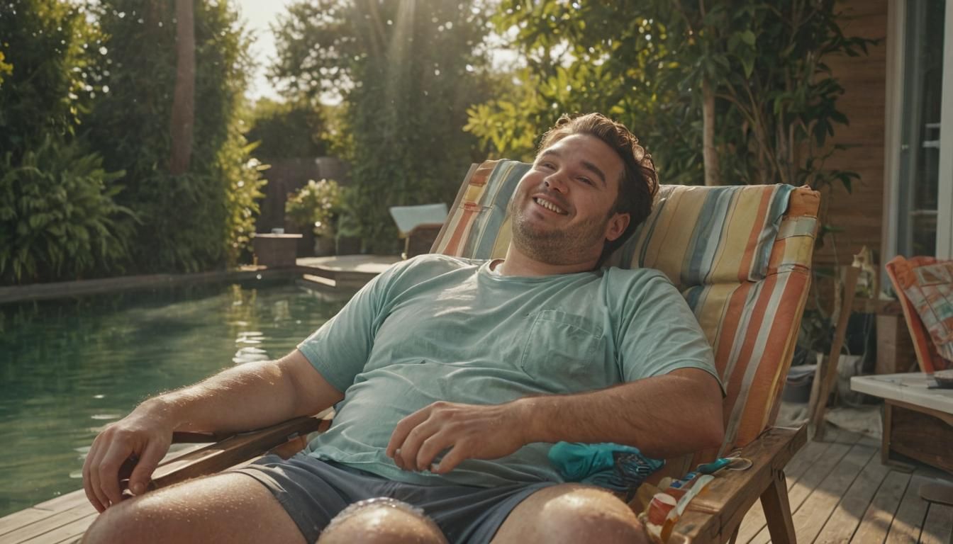 Summer scene. Young plump man, 20 years old, sits relaxed and smiling in a deck chair, wearing summer clothes, watching TV, in a modern home...