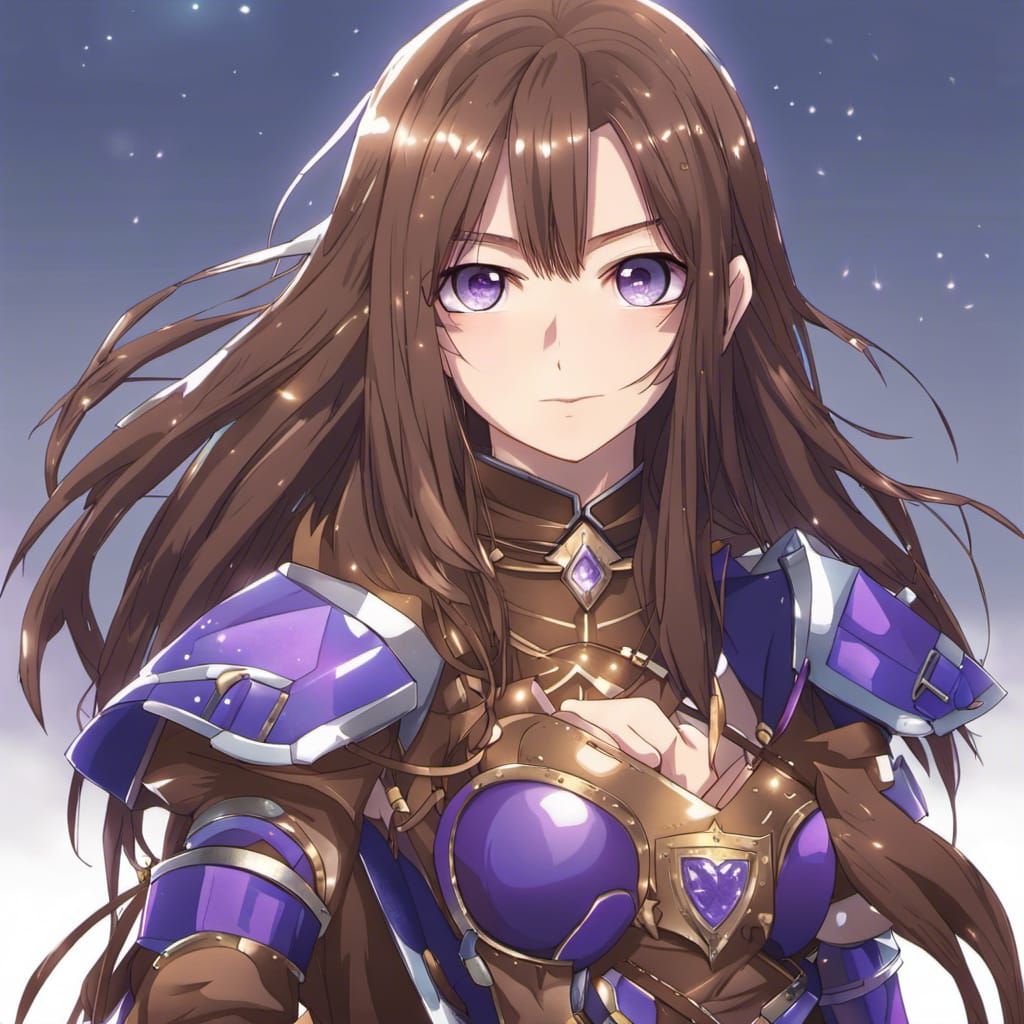 Tall Girl, long brown hair, purple Armour, brown eyes, full body, no cover  belly, Blue Amulet on neck - AI Generated Artwork - NightCafe Creator