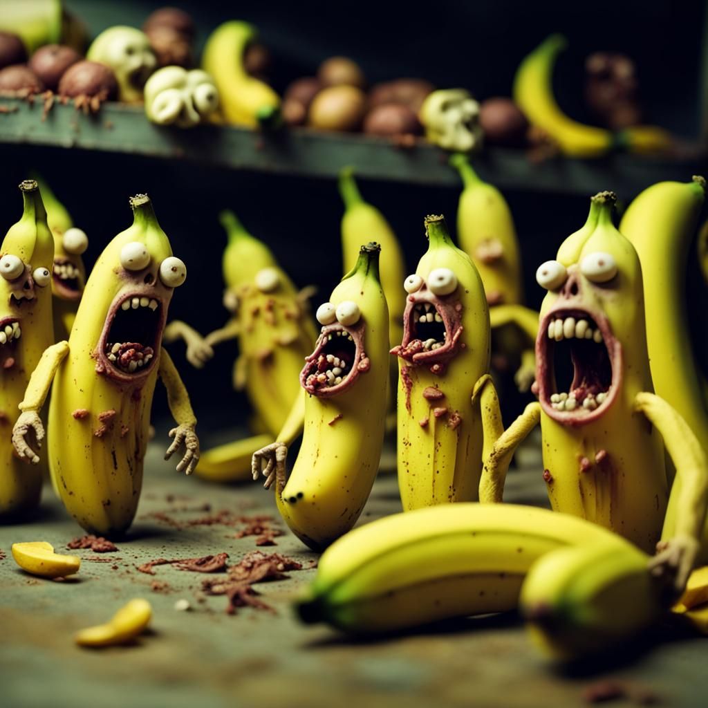Claymation animated terrifying scary banana-zombie horde half peeled rotting banana zombies shambeling ...  by @Nathan Bundick