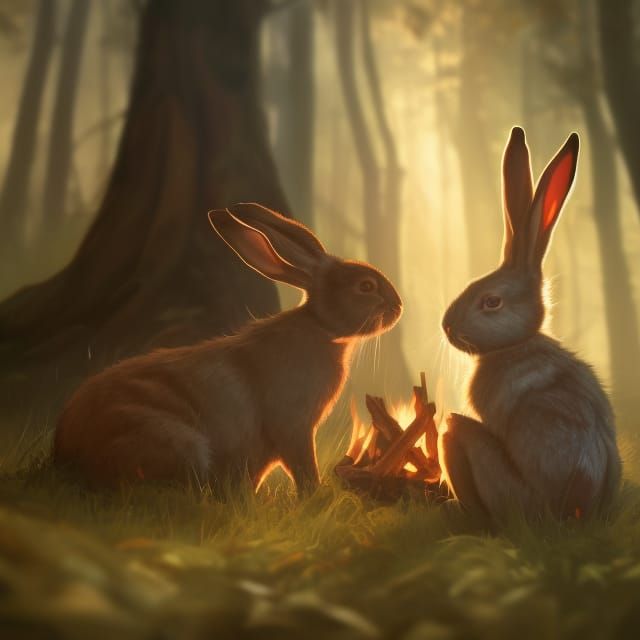 Two rabbits warming themselves on a bonfire in the forest. AI Generated Artwork NightCafe