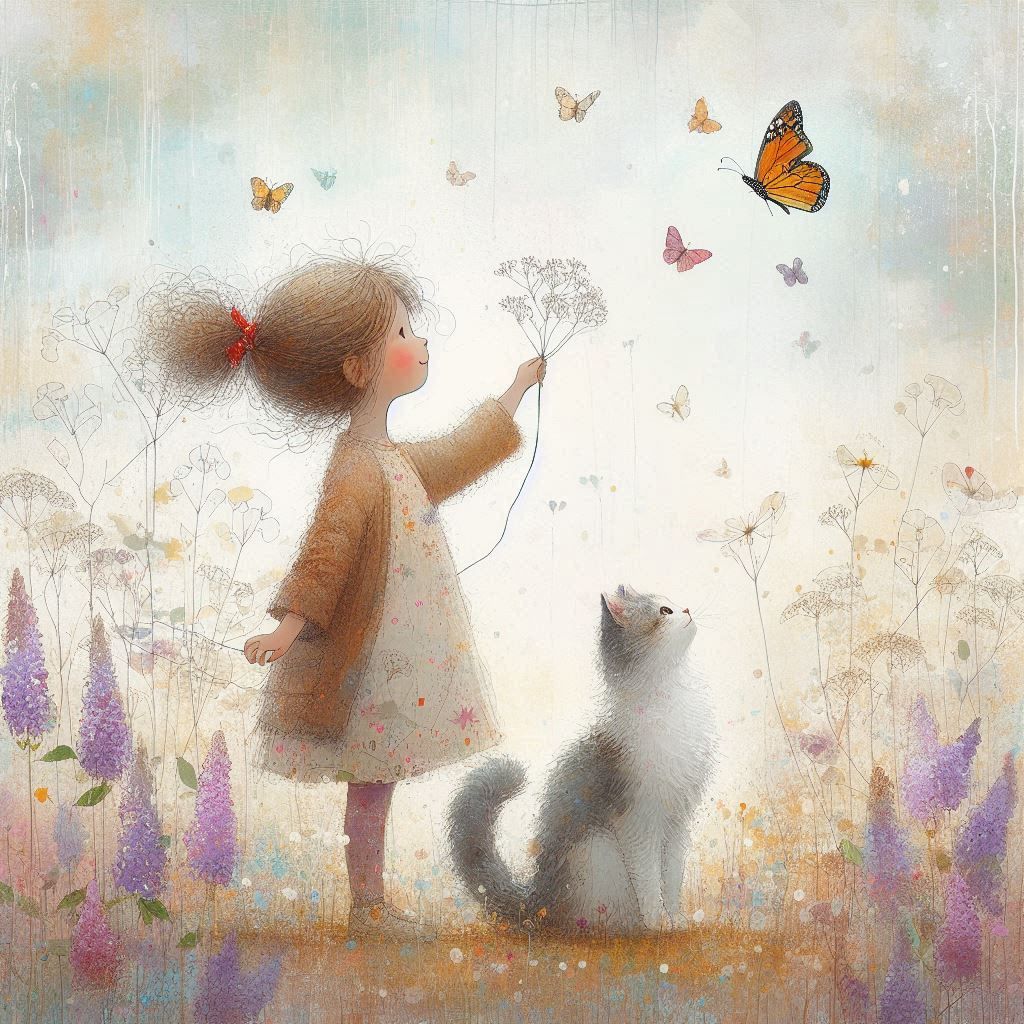 portrait little girl and cat. minimalist painting.