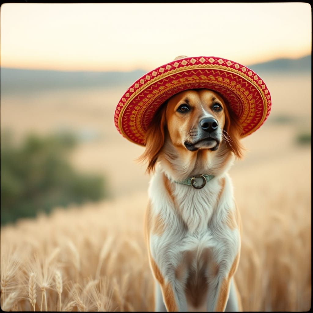 a charming "podengo dog" sporting a brightly colored sombrero, standing proudly amidst a tranquil alentejo ...  by @Maria Simoes Coelho