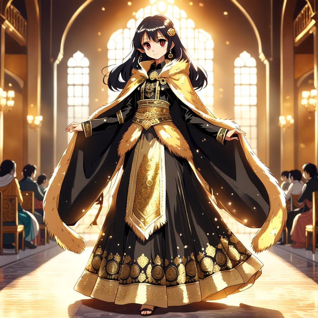 Anime Girl in black gold printed blouse and lehengas in a Golden colour ...