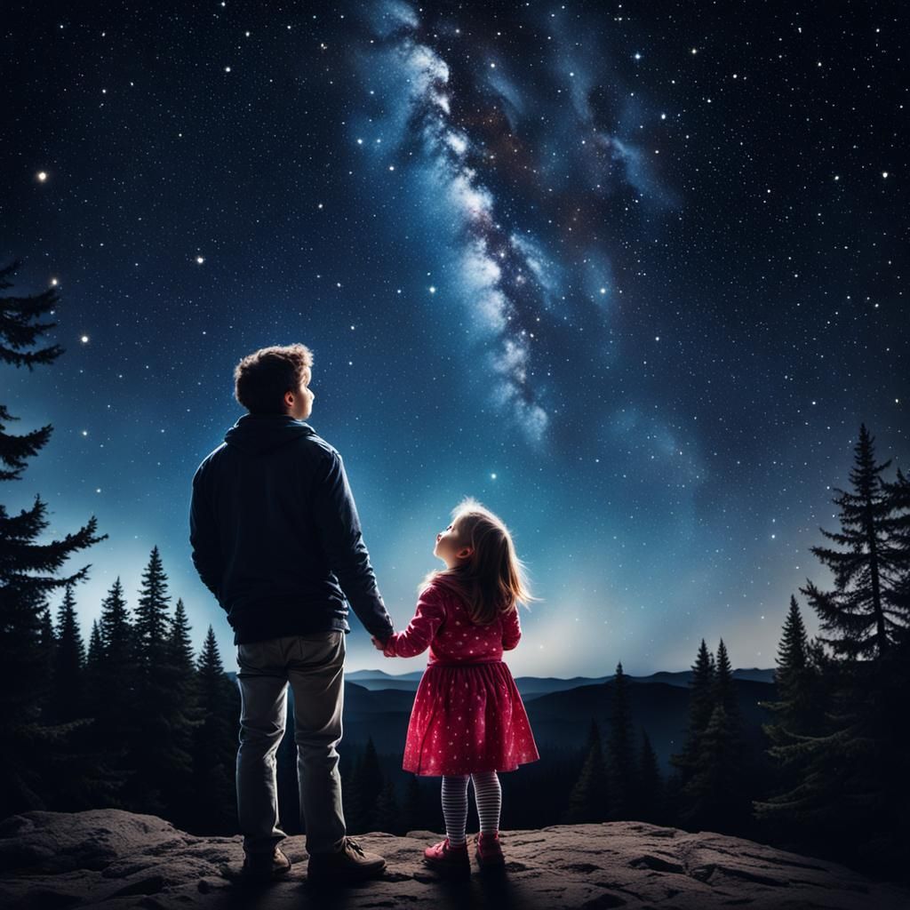 small girl and her father looking up at a dark starry sky