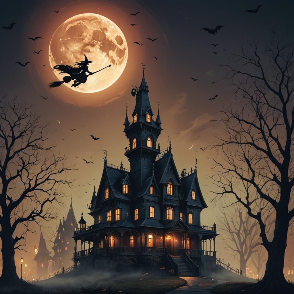 Haunted Mansion on Halloween with a witch on her broom flying in front of the moon  by @Katherine Clarkson