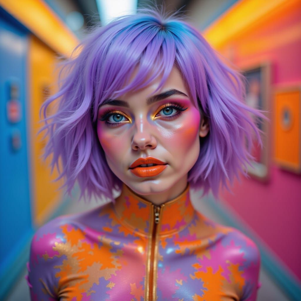 <lora:Atmospheria:1.0> striking modern woman with lilac hair. elegant yet artfully styled, she wears gradient eyeshadow with bold eyeliner a...