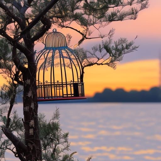 Birdcage at Sunset: Surreal Impasto Oil Painting