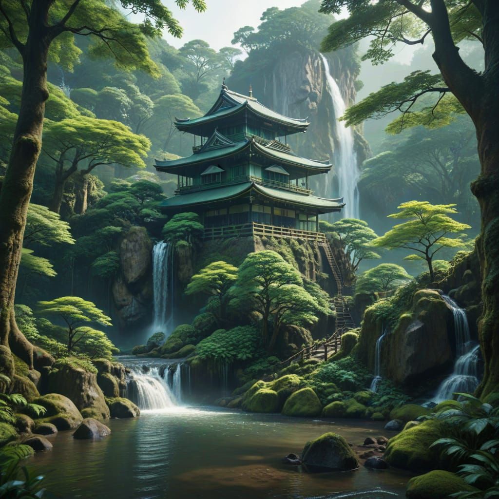 japanese forest with one building and waterfall fantasy serene green calm hyper detailed cinematic