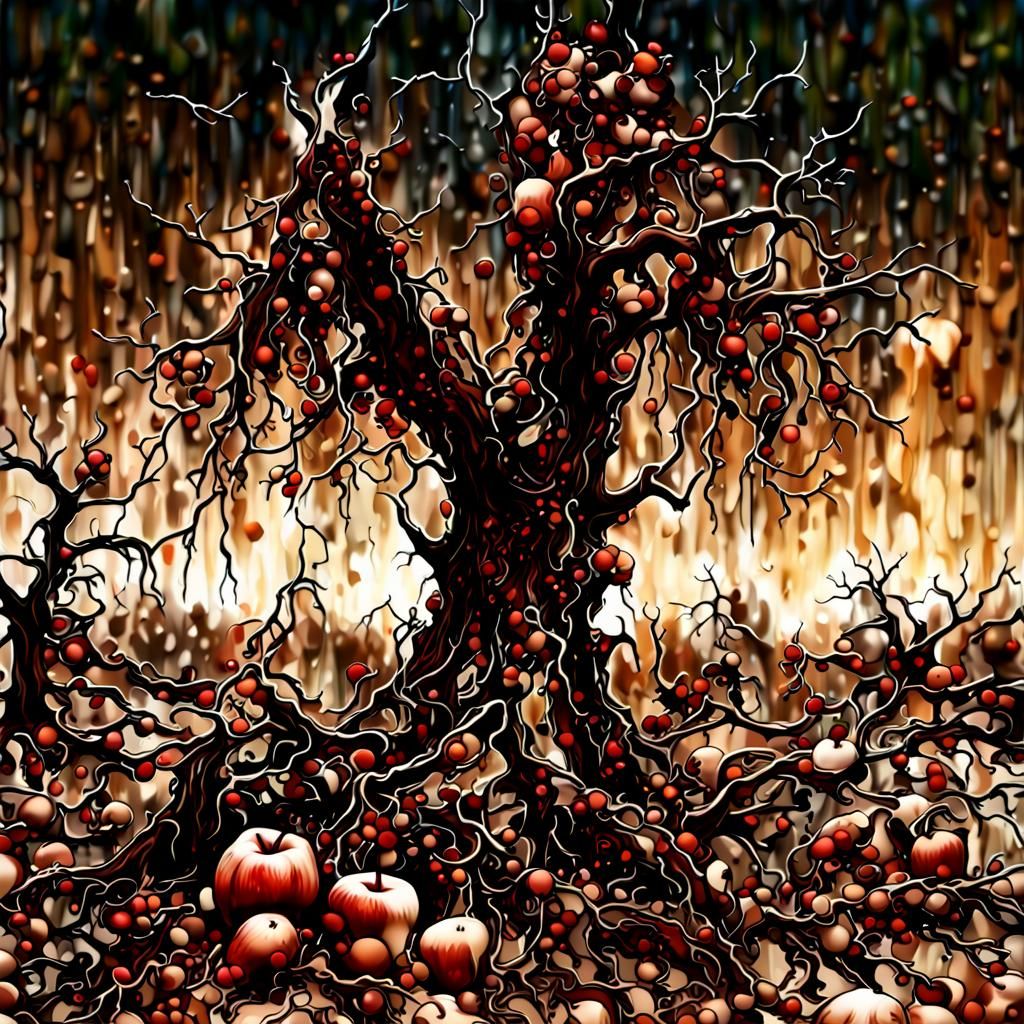 Decaying rotten tree(.05:1), brown bitten apple on ground(.0...