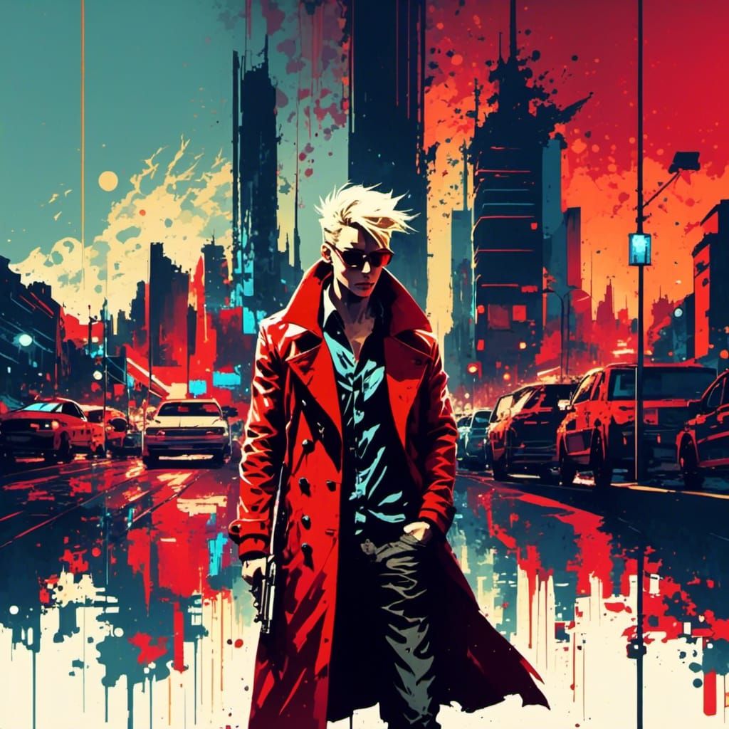 RPG character::tall man :: spiked blonde hair :: red overcoa...