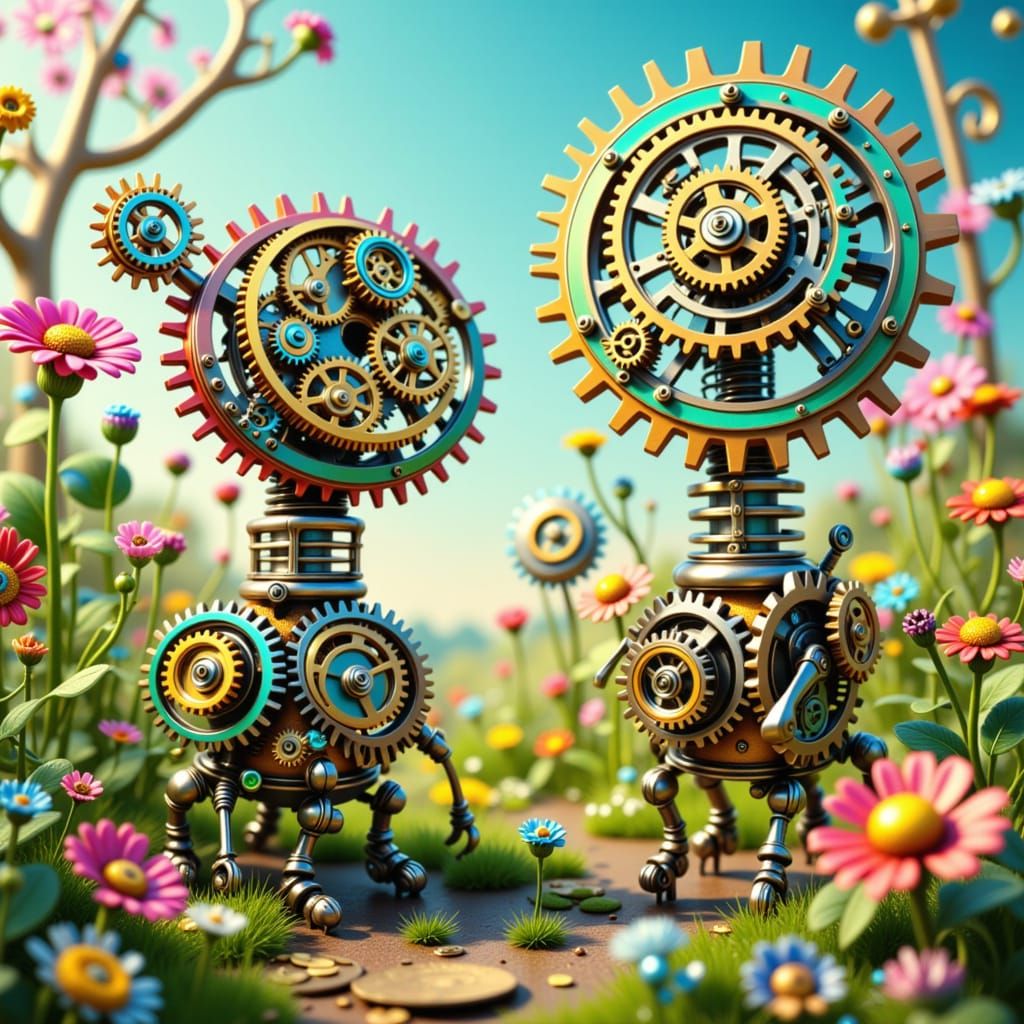 In a Ticketey Tick Tock World there are Colorful Mechanical Clockwork Flowers in a Meadow <lora:TicketyTickTock:1.0>