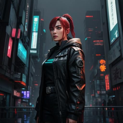 Medium shot of a female sci-fi protagonist in a cyberpunk ci...
