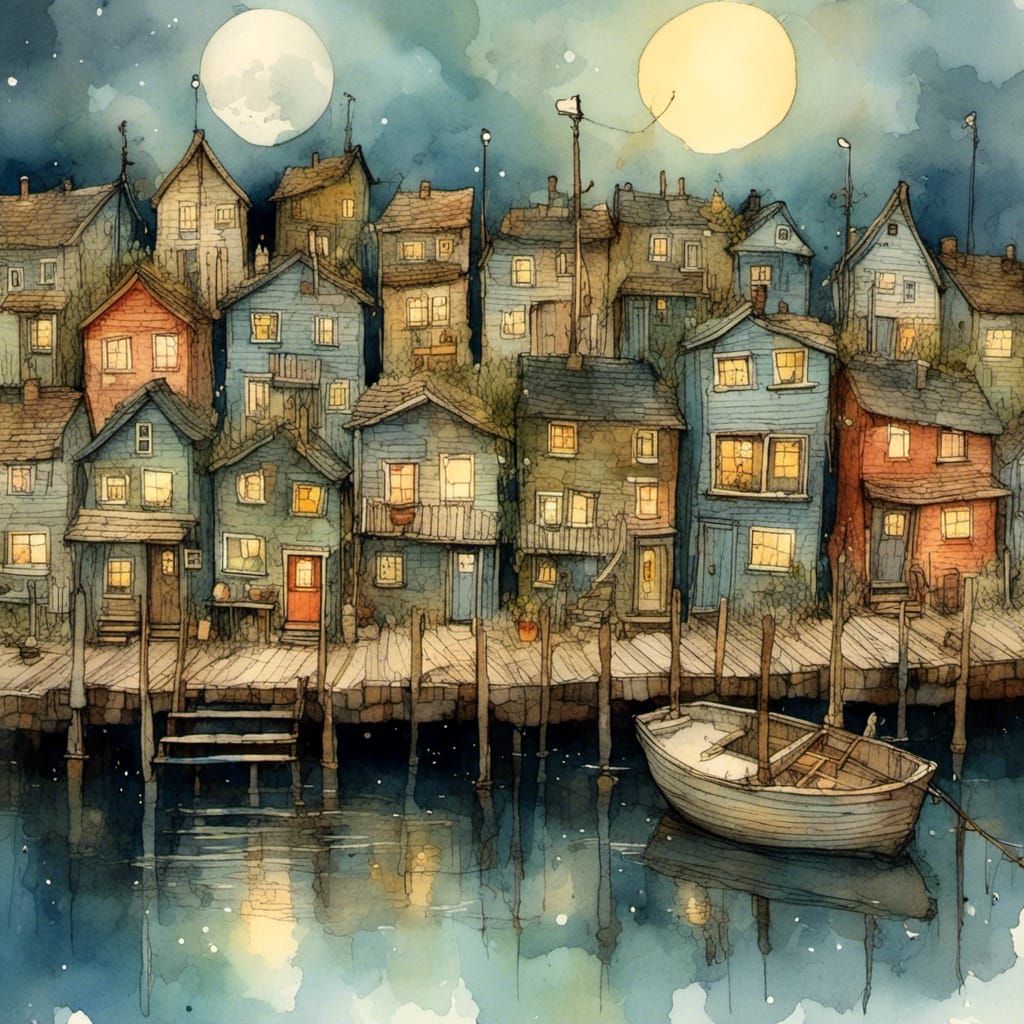 <lora:Cute vintage:1.0>   Style of Raymond Briggs. Little wooden shanty town built on rickety wooden docks. Moonlight. Quirky cute nostalgic...