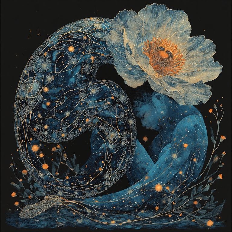 crouched under a big flower