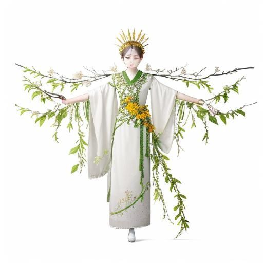 On the white cotton gauze, yellow threads are used as branch...