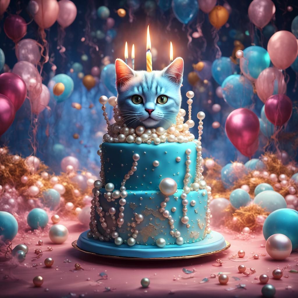 Birthday cake with lots of cute kittie cats and pearls