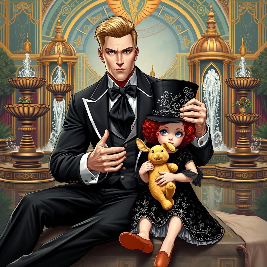 Handsome, muscular, blonde magician sitting with a little 4 year old