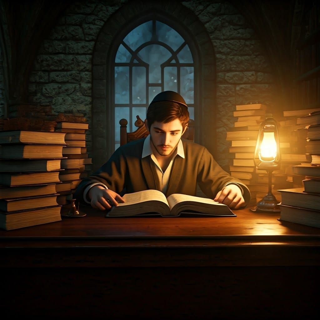 Hasidic Scholar Studying by Lantern Light, Mystical Art