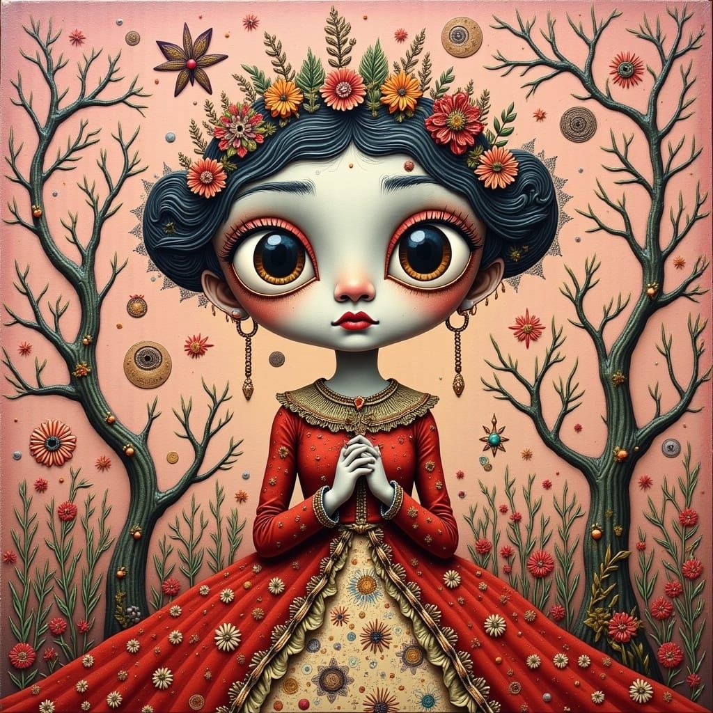 <lora:MIXED EMOTIONS:1.0> character, Quirky, Christmas, soft pink, intricately detailed, background, surreal, gothic, digital art, antique b...