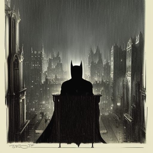 Batman sitting on throne watching over Gotham, dark, gothic, rainy ...