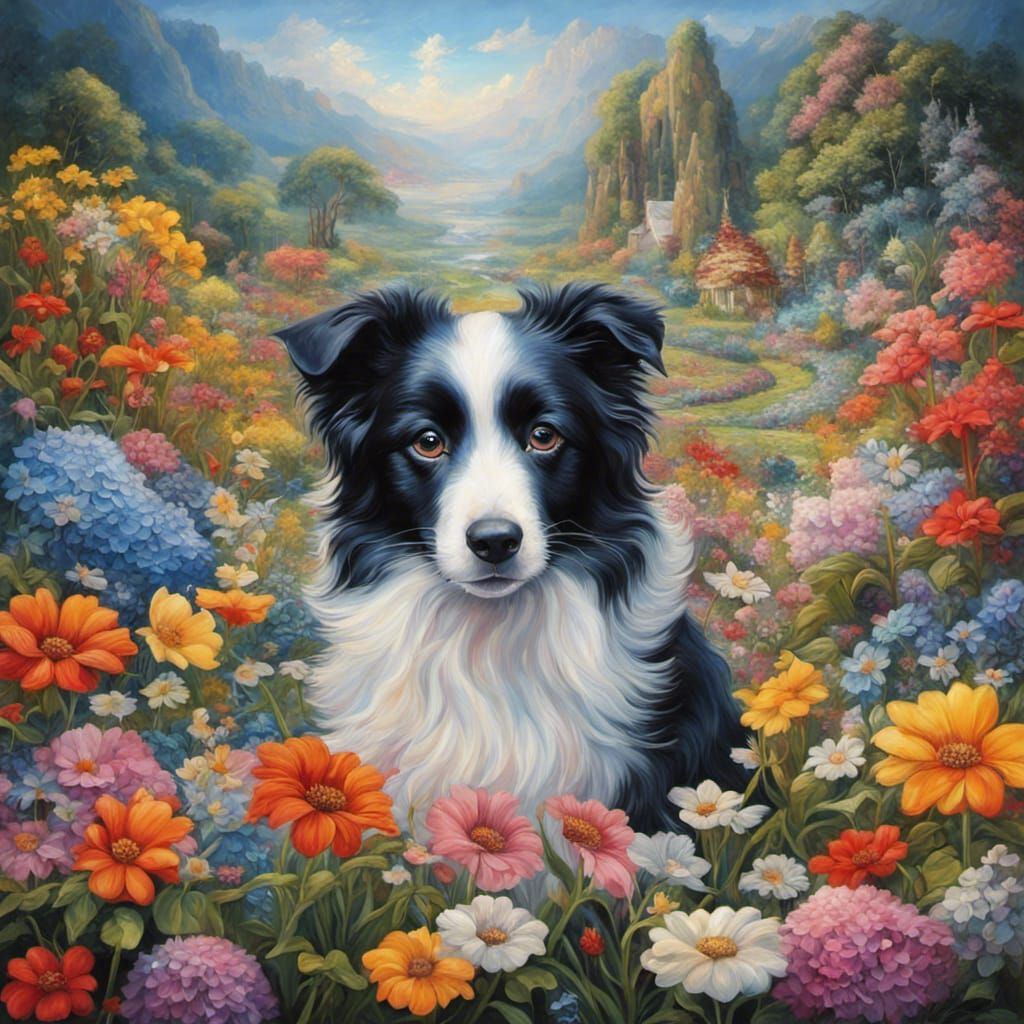 Border Collie amongst flowers / fantasy paradise landscape - AI ...