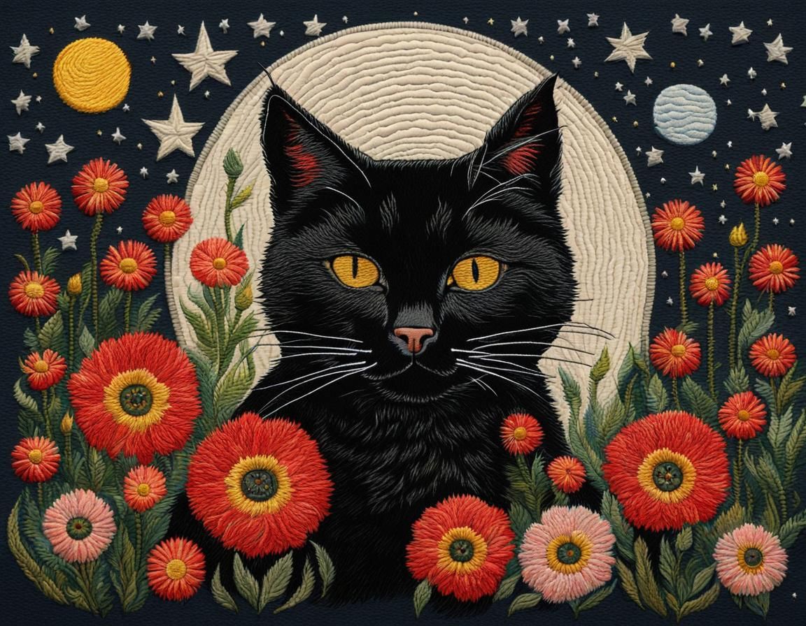 Black Cat, Embroidery   by @Moonlight Dawn