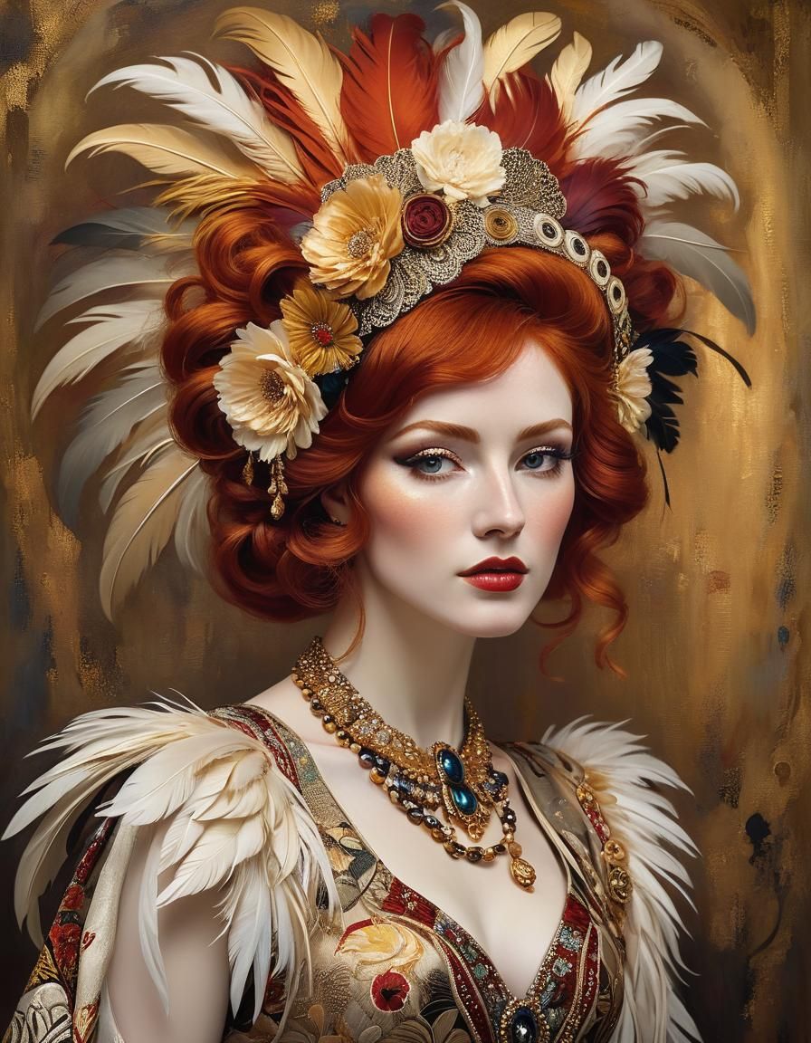 A portrait of a woman, red hair styled elegantly, adorned wi...