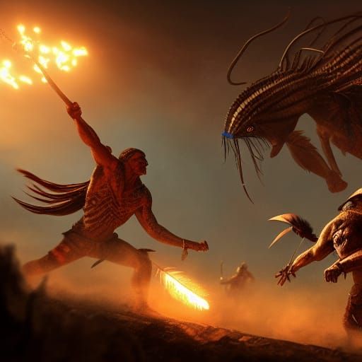 Native American warriors fighting off an alien invasion